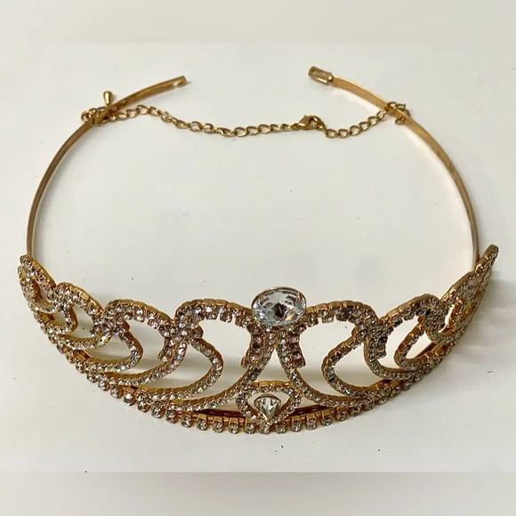 Mid Century Vintage Gold Tone Faux Diamond Jeweled Crown Tiara